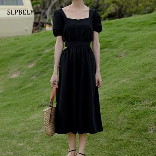 SLPBELY Women Elegant Black Show Waist Dress Summer Retro Hepburn Short Sleeve Square Collar Dress Lady Casual Vacation Dress