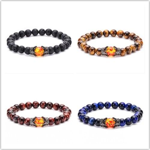 FYJS Unique Anniversary Gift Antique Copper Crown Handmade Tiger Eye Stone 8 mm Round Beads Elastic Bracelet Chakra Jewelry