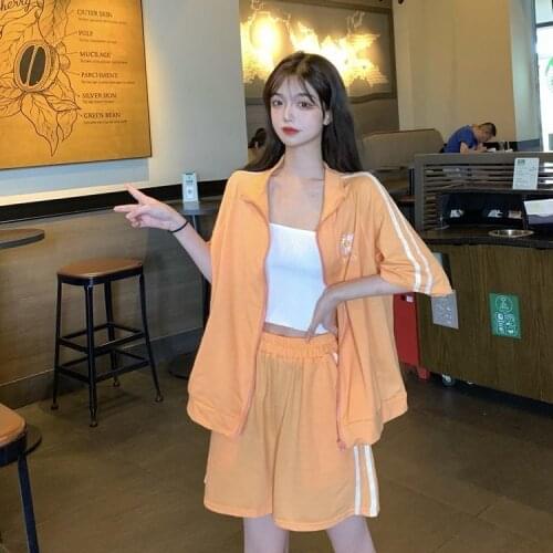 [Cotton] Summer fashion sports suit female student short-sleeved shorts loose two-piece suit orange