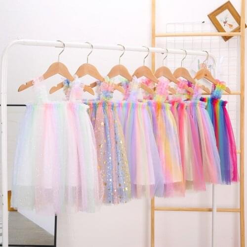 Summer New Girls Sling Net Gauze Dress Children Princess Rainbow Tutu Skirt