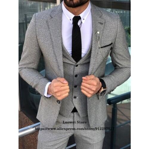 Mens Woolen Plaid Suits Classic Business 3 Piece Slim Fit Jacket Vest and Pants Set Groom Formal Wedding Blazer Terno Masculino