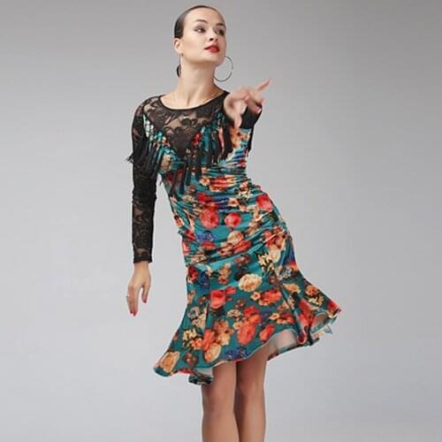 New sexy print tassel Split women latin dress Latina dance dress women dance dress samba rumba salsa dance dresses fringe