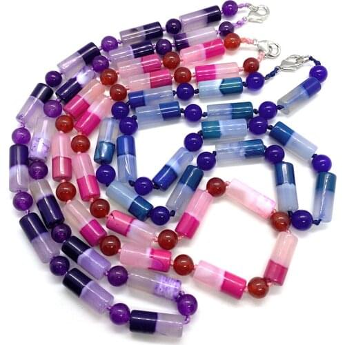 Natural Stone Necklace Cylindrical Agate Two-color Polished Round Bead Beaded Fashion Lady Necklace DIY Jewelry Accessories
