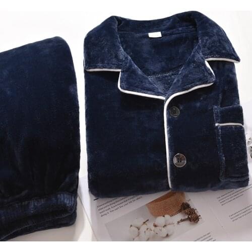 Winter Coral Fleece Pajamas for Men PJ Full Sleeves Homewear Warm Thicken Pijama Sleepwear Blue Flannel Pyjama Polaire Homme