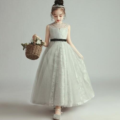 Flower Girl Dress Illusion Pleat Princess Floor-Length Beading Crystal Pearls O-Neck Sleeveless Light Gray Kids Party Gown H390
