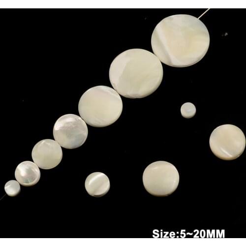 5~20MM Flat Round White Shiny Natural Trochus Mother of Shell Beads Loose Charms Shell Beads for Jewelry Making DIY 15"Strand