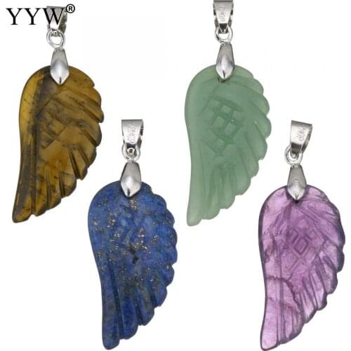 YYW Natural Stone Pendant for Necklace Angels Wing Silver Color Bail Sea Opal Agata Amethysts Stone Pendant fit Women Men