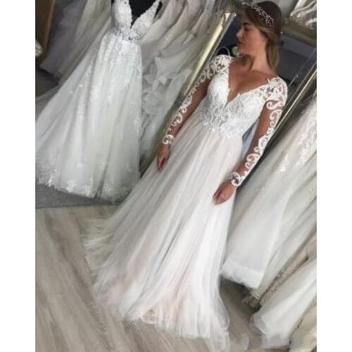 Simple Long sleeves Beach Bridal Dress V-neck A-Line Wedding Dresses Vestido De Noiva Tulle Wedding Gowns