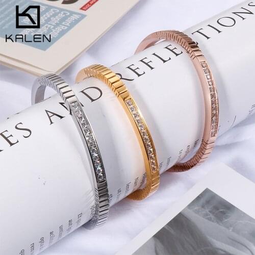 KALEN Simple Design With Cubic Zircon Charming Elegant Stainless Steel Not Adjustable Bangles Gift For Female