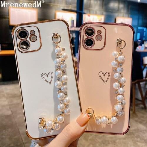 Luxury Pearl Bracelet Plating Phone Case For iPhone 12 11 Pro X XR XS Max Mini 7 8 Plus SE2 Wrist Chain Love Heart Silicone Cove