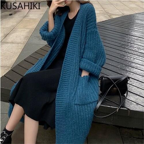 KUSAHIKI Sweaters Women 2021 Autumn Winter Long Knitted Cardigan Vintage Long Sleeve V-neck Pockets Knitted Open Stitch 6K911