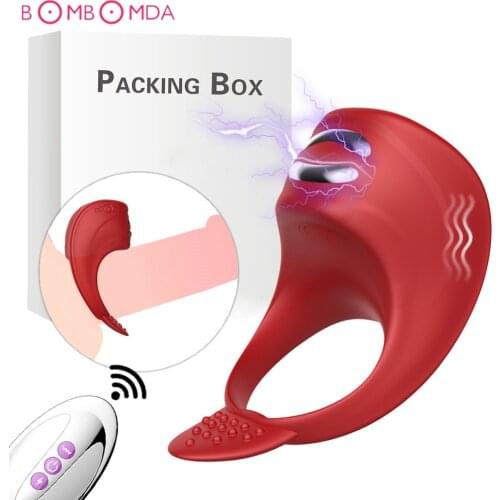 Electric Shock Vibrating Cock Ring Adult Sex Toys for Men Silicone Penis Ring Vibrator Rechargeable Delay Cockring Lock BDSM Toy