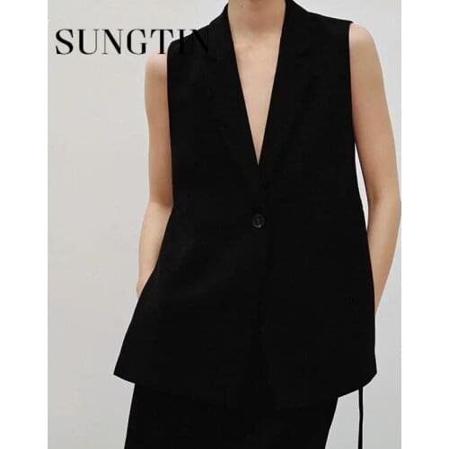 Sungtin Vintage Solid Lace Up Hole Long Vests Women Summer Fashion Black Loose Waistcoat Vest Elegant White Design Waistcoats