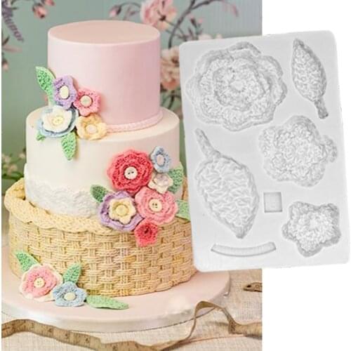 Crochet Flower & Leaf Molds Fondant Cake Decorating Silicone Molds Sugarcrafts Chocolate Baking Tools for Cakes Gumpaste Form