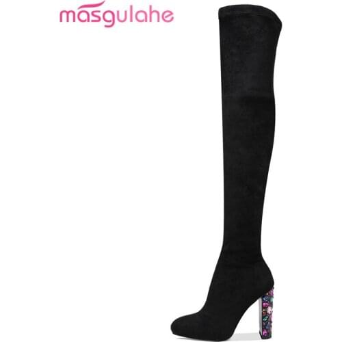Masgulahe 2020 New arrive high quality over the knee boots thick high heels round toe ladies shoes black color women boots