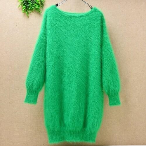 Ladies women medium long Green mink cashmere o-neck loose fluffy angora rabbit fur loose hand knitted pullover sweater dress