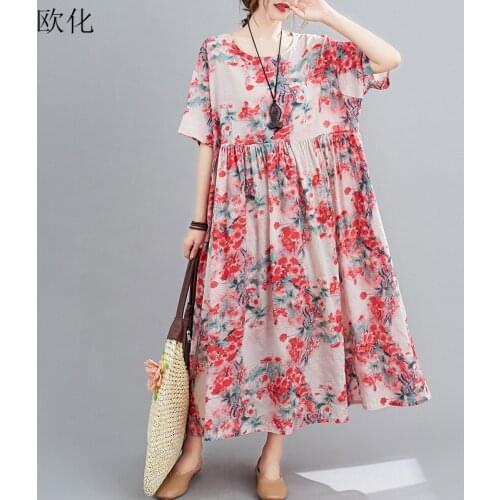 Vintage Art Floral Print Women Dress Plus Size Batwing Cotton Long Dress Robe Female Big Swing Linen Boho Beach Maxi Dresses 6XL