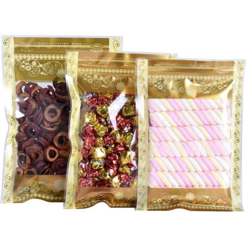 1000pcs/lot 7 Size Flat Color Printed Plastic Packaging Bag Gold Leaf High Clear Window Resealable Plastic Self seal Pouch