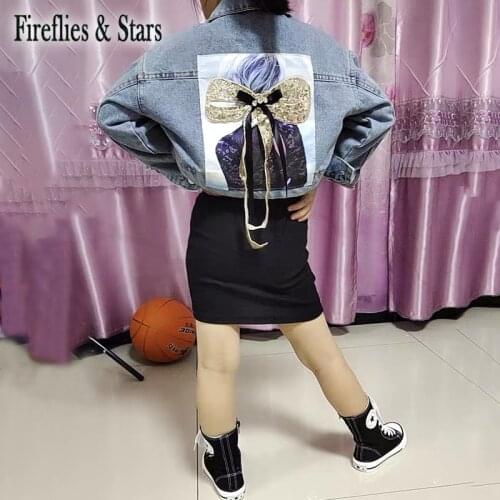Spring Autumn Girls 2 Pcs Set Baby Jacket + Long T Shirt Kids Suit Children Sets New Denim Sequin Headband Patch 4 To 14 Yrs