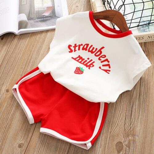 New Arrival Children Casual Strawberry Summer Fashion Letter Print Cotton Top+Shorts 2Pcs Sets Infant Baby Clothes Set For Girl