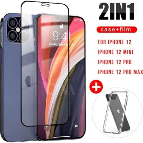 2 In 1 Tempered Glass Screen Protector + Ultra Thin Silicone TPU Phone Case for Iphone 12 Mini Pro Max Protection Case Covers