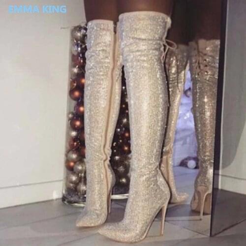 Glitter Bling Women Thigh High Boots Pointed Toe Cross-Tied High Heels Woman Winter Shoes Fashion Mujer Over The Knee Long Boots