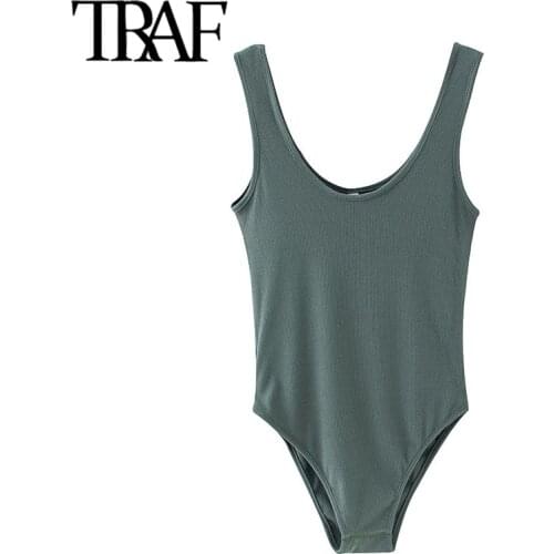 TRAF Women Sexy Fashion Solid Stretch Slim Bodysuits Vintage O Neck Sleeveless Female Playsuits Chic Tops
