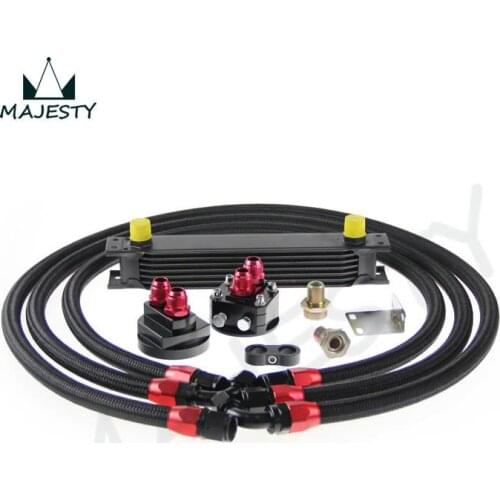 BLACK UNIVERSAL 7 ROW ENGINE OIL COOLER + FILTER RELOCATION KIT +BLACK SS LINES