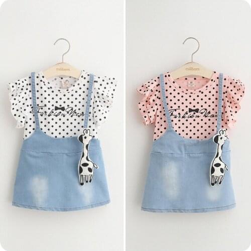 Korean Childrens Garment 2016 A Summer New Girl Wave Point Feifei Sleeve Cowboy Straps Set Fashion False Two Pieces Dress