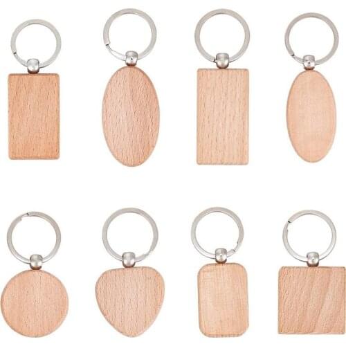 Hot YO-40 Pcs Wooden Blank Key Chain Tags Rectangle/Heart/Oval/Flat Round Wood Keychains for DIY Craft Making