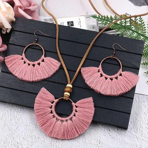 Personality Colorful Tassels Jewelry Set Handmade Weave Women Red Yellow Fringed Pendant Necklace Earrings Sets Sweater Jewelry