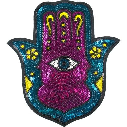 Colorful Sequins Hand of Fatima Eyes Patch Hamsa Hand Palm Clothes Applique Iron on Patches for Clothing Badge Decor Accessories