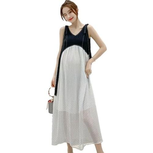 Maternity Summer Dress for Pregnant Women Clothes Sleeveless Patchwork Polka Dot Dress Woman Pregnancy Dresses Maternity Clothes
