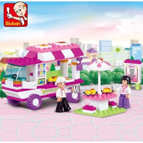 102PCS SLuban Pink Romantic Food Truck Building Blocks 2 Mini Dolls Minifigures Childrens Educational Toys Gift for Childs