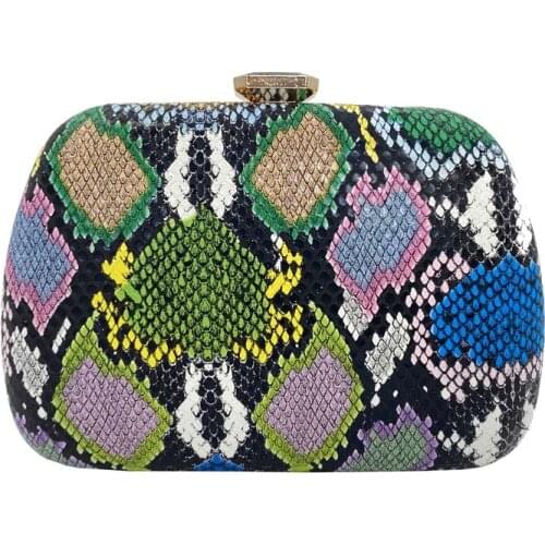 Fashion Multicoloured Python Snake-Skin Women Evening Clutch Bags Mothers Day Gift Dimond Purses Chain Shoulder Handbags
