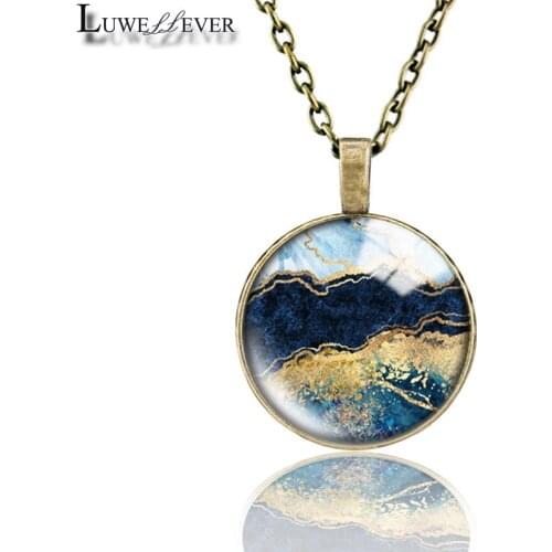 Marbling Necklace 6981 25mm Bronze 30mm Wood Rhinestone Double-sided Moon Round Glass Pendant For Women Gift