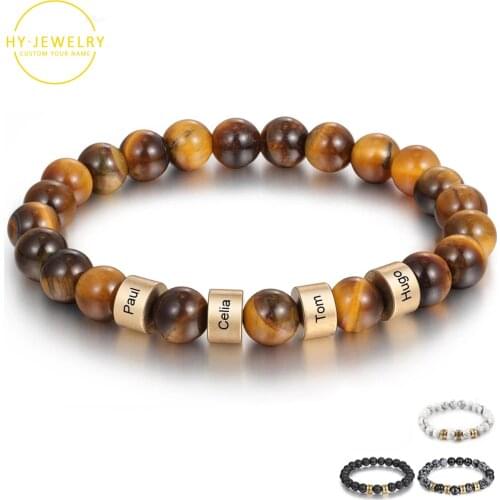 Personalized Name Engraving Men Bracelet Customized Lava Tiger Eye Stone Beads Bracelets Handmade Jewelry Gifts For Boyfriend