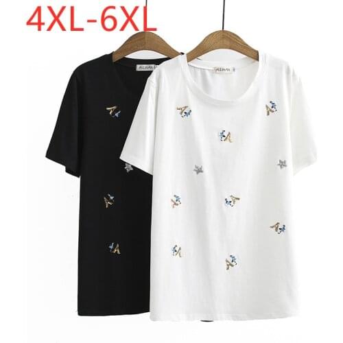 New 2021 Ladies Summer Plus Size Tops For Women Large Short Sleeve Loose Cotton White Black Embroidery T-Shirt 4XL 5XL 6XL
