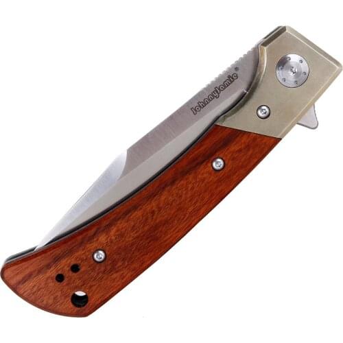 JohnnyJamie BJ110 D2 blade with Brass and Sandalwood Handle Tactical flipper Hunting Folding knife Survival pocket EDC Knife