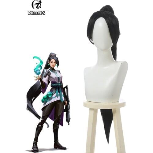ROLECOS Sage Cosplay Wigs Long Hair Headwear Cosplay Game Valorant Sage Black Long Hair 80CM Wig Headwear Halloween
