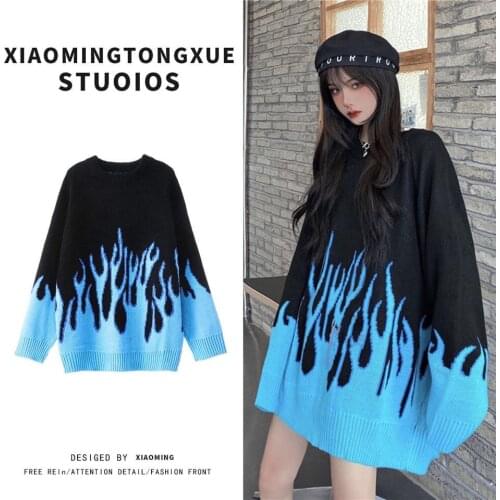Harajuku style ins high street flame jacquard loose Pullover female student knitted sweater