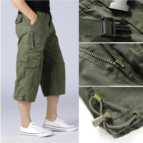 Summer Mens Casual Cotton Cargo Shorts Overalls Long Length Multi Pocket Hot Breeches Military Capri Pants Male Tactical Short