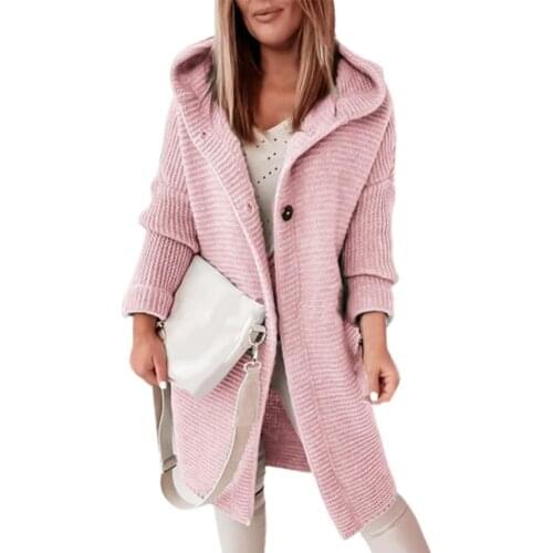 Loose Soft Two Buttons Hooded Sweater Cardigan Women Solid Color Long Sleeve Hooded Knitted Open Front Autumn Winter Cardigan