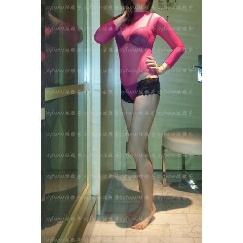 SW14A019 15Den sheer gloss fushcia long-sleeved bikini bodystockings