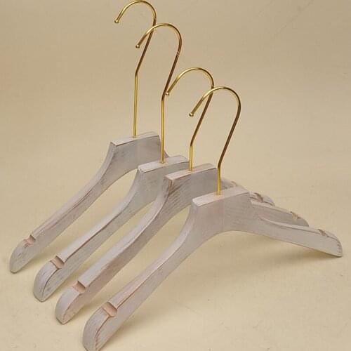 5pcs/lot 38cm/39cm water wash white vintage real wood hangers gold hook LOGO customization