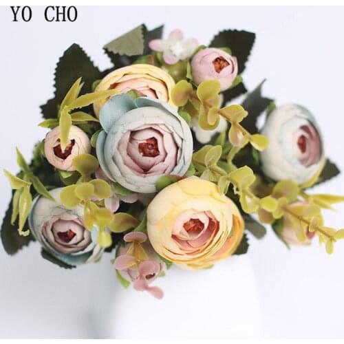 YO CHO artificial flower rose camellia gradient color fake flower home decoration bouquet wedding bride rose bouquet