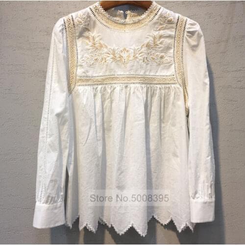 Woman White Blouse Stand Collar Contrast Floral Embroidered Front Hollow Out detail Fashion Tops