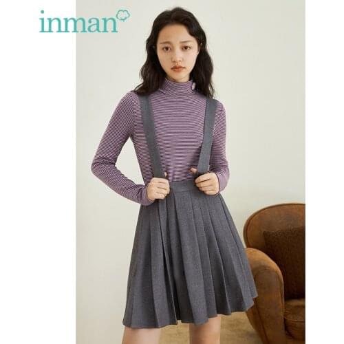 INMAN Womens Pleated Skirt Autumn Winter Elegant Korean Fashion A-Line Strap Dress Grey All-Match Bottoms