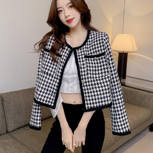 Autumn Korean Fashion Streetwear Houndstooth Tweed Jacket Coat Women Vintage Woolen Short Coats Small Fragrance Outwear Crop Top