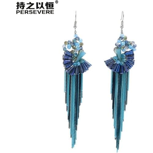 Ethnic Crystal Beaded Fan Shaped Statement Earrings 2019 Handmade Chain Long Tassel Earrings For Women 4 Colors Fashion Jewelry